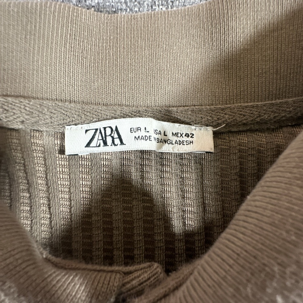 ZARA Ribbed Polo Shirt Mens L Tan Brown Knit Textured Short Sleeve - Picture 3 of 6